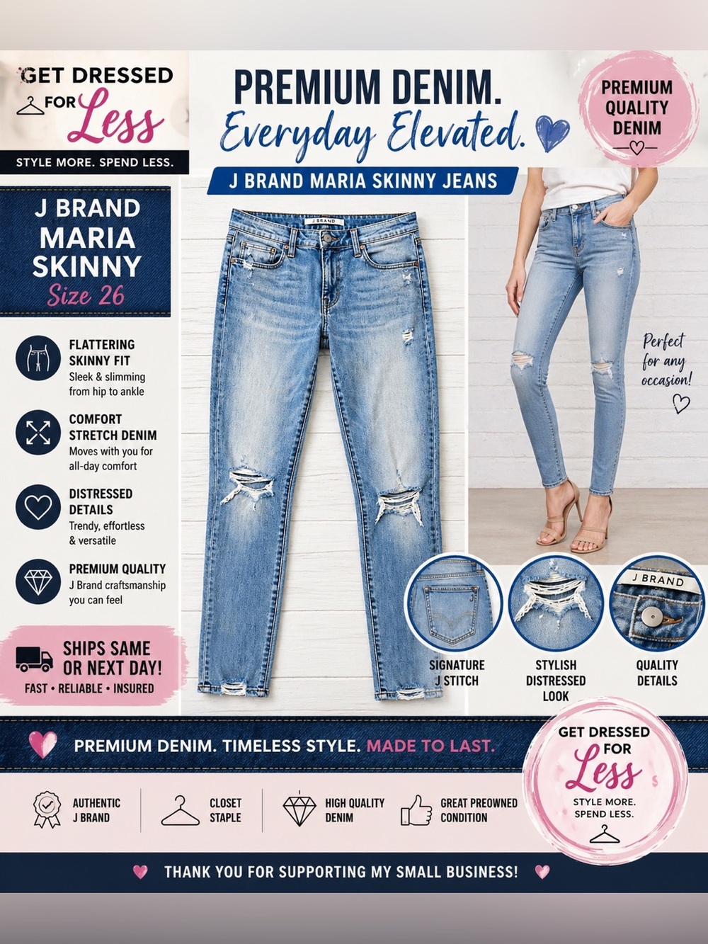 J Brand Maria Skinny Jeans Womens Size 26 Blue Distressed Mid Rise Stretch